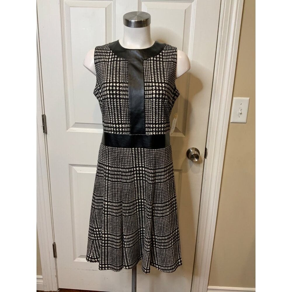 J. McLaughlin Black White Houndstooth Fit & Flare Dress Faux Leather Trim Size M